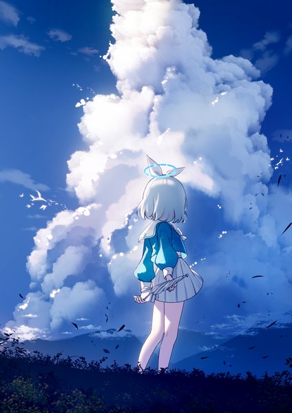 Anime picture 1158x1637 with blue archive arona (blue archive) yan (nicknikg) single tall image short hair standing sky silver hair cloud (clouds) full body outdoors pleated skirt from behind hands behind back landscape closed umbrella girl skirt uniform