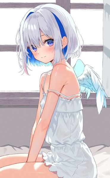 Anime picture 2307x3734 with virtual youtuber hololive amane kanata o29sukizero single tall image looking at viewer blush fringe highres short hair blue eyes light erotic smile hair between eyes sitting blue hair silver hair indoors multicolored hair