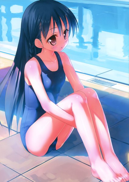 Anime picture 2863x4038 with original takoyaki (roast) long hair tall image highres light erotic black hair red eyes barefoot legs girl swimsuit one-piece swimsuit school swimsuit
