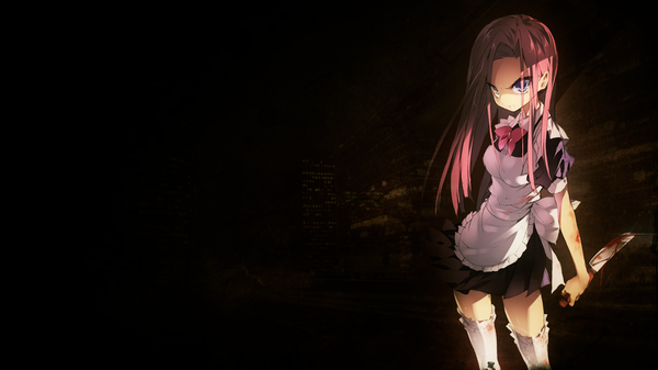 Anime picture 2560x1440 with my little pony pinkamina diane pie tagme (artist) single long hair highres blue eyes brown hair wide image maid wallpaper dark background personification bloody weapon girl thighhighs dress white thighhighs bowtie blood