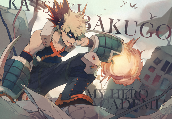 Anime picture 1200x828 with boku no hero academia studio bones bakugou katsuki xi yuu single short hair blonde hair red eyes looking away copyright name character names outstretched arm explosion boy animal bird (birds)