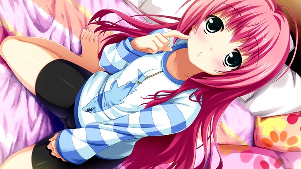 Anime picture 1280x720 with asa project ren'ai 0 kilometer kinomoto nokia panta (artist) long hair blush wide image green eyes pink hair game cg girl