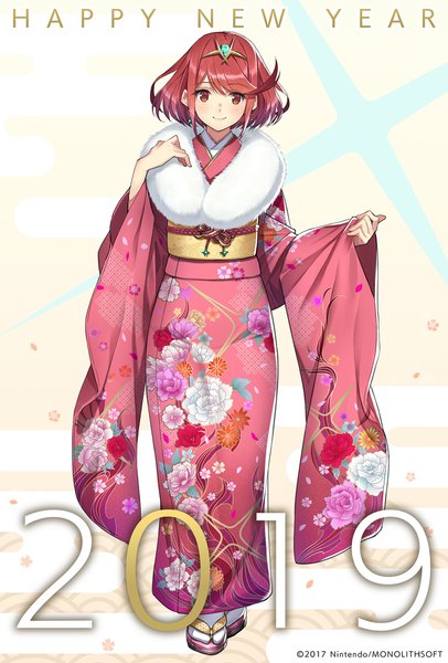 Anime picture 1300x1920 with xenoblade xenoblade 2 pyra (xenoblade) single tall image looking at viewer blush short hair smile red eyes full body red hair traditional clothes japanese clothes official art floral print new year happy new year 2019 girl