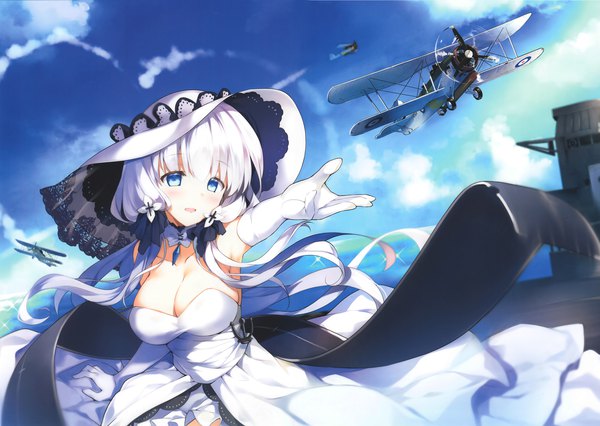 Anime picture 4000x2841 with azur lane illustrious (azur lane) rei (rei's room) single long hair blush highres breasts open mouth blue eyes light erotic large breasts looking away absurdres sky cleavage cloud (clouds) white hair scan outstretched arm
