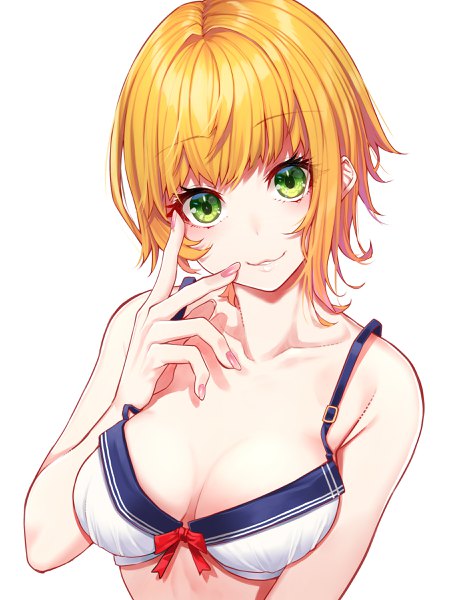 Anime picture 1800x2400 with idolmaster idolmaster cinderella girls miyamoto frederica mikan (chipstar182) single tall image looking at viewer blush fringe highres short hair breasts light erotic simple background blonde hair smile white background green eyes upper body blunt bangs