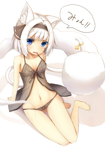 Anime picture 1500x2121 with touhou konpaku youmu myon if (asita) single tall image looking at viewer fringe short hair breasts open mouth blue eyes light erotic simple background white background animal ears white hair tail head tilt animal tail