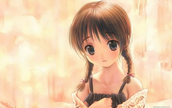 Anime picture 1280x800 with original goto p single looking at viewer brown hair wide image bare shoulders braid (braids) head tilt black eyes twin braids cropped girl ribbon (ribbons) hair ribbon
