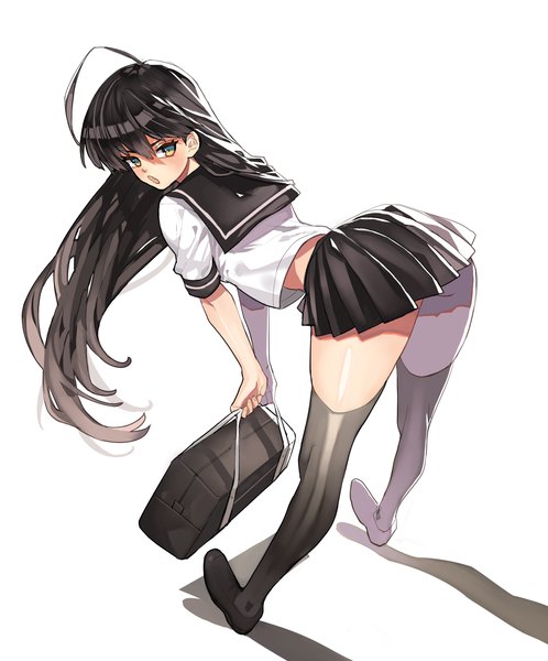 Anime picture 1495x1799 with original arutera single long hair tall image light erotic black hair simple background white background green eyes ahoge looking back leaning leaning forward girl thighhighs black thighhighs serafuku bag