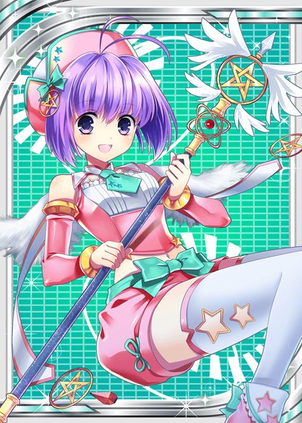 Anime picture 640x896 with shinkai no valkyrie tagme (character) single tall image looking at viewer fringe breasts open mouth smile purple eyes holding purple hair ahoge bent knee (knees) happy girl thighhighs navel bow hat