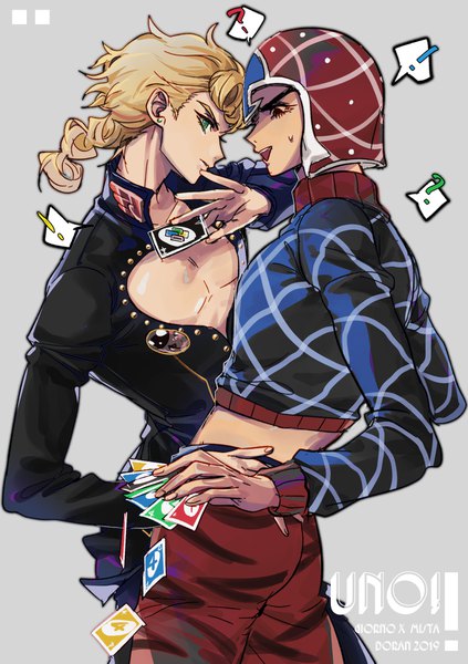 Anime picture 1200x1703 with jojo no kimyou na bouken uno (game) giorno giovanna guido mista doran7280 long hair tall image simple background blonde hair holding green eyes profile grey background multiple boys midriff character names sweatdrop shounen ai ? !