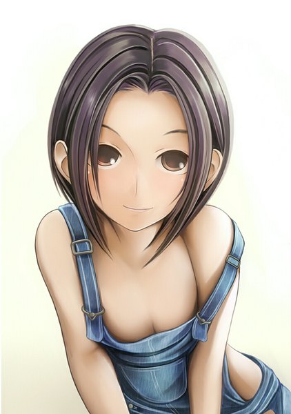 Anime picture 703x1000 with love plus kobayakawa rinko nannacy7 single tall image looking at viewer short hair light erotic black hair simple background white background brown eyes girl overalls