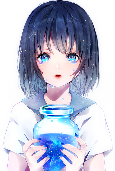 Anime picture 1181x1748 with original shikamori kodama single tall image looking at viewer blush fringe short hair open mouth blue eyes black hair simple background white background holding upper body nail polish fingernails short sleeves tears crying