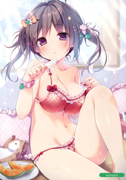Anime picture 2460x3500 with melonbooks konomi (kino konomi) single tall image looking at viewer blush fringe highres breasts light erotic black hair large breasts purple eyes twintails bent knee (knees) scan girl navel swimsuit bikini