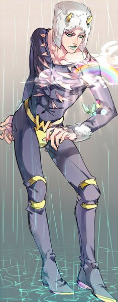 Anime picture 400x1018 with jojo no kimyou na bouken weather report maosanmu single tall image simple background aqua eyes grey background leaning leaning forward lipstick looking down rain makeup blue lipstick boy insect butterfly cap rainbow