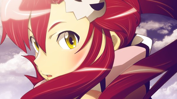 Anime picture 1600x900 with tengen toppa gurren lagann gainax yoko littner palmereap blush wide image yellow eyes red hair coloring close-up