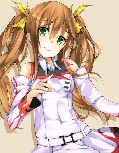 Anime picture 1500x1933 with infinite stratos 8bit fang linyin haine long hair tall image simple background smile hair between eyes brown hair twintails green eyes girl detached sleeves