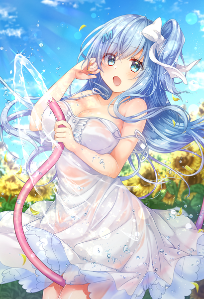 Anime picture 1314x1920 with original emori miku project emori miku emilion single long hair tall image looking at viewer blush fringe breasts open mouth blue eyes light erotic hair between eyes large breasts standing bare shoulders holding blue hair