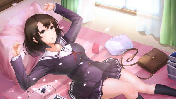 Anime picture 1920x1080 with saenai heroine no sodatekata a-1 pictures katou megumi minamike1991 mina mikoyogi single looking at viewer fringe highres short hair breasts brown hair wide image brown eyes lying from above sunlight spread arms hat removed girl