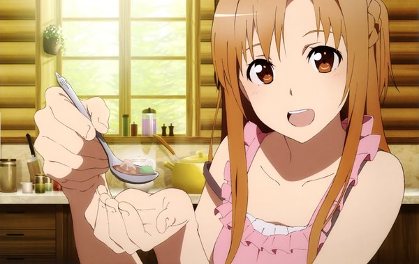 Anime picture 4028x2547 with sword art online a-1 pictures yuuki asuna okuda yousuke single long hair looking at viewer highres open mouth brown hair brown eyes absurdres scan official art girl food sundress spoon