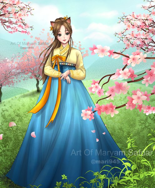 Anime picture 2480x3000 with original mari945 single long hair tall image highres brown hair standing brown eyes signed looking away sky cloud (clouds) full body outdoors traditional clothes light smile wind twitter username cherry blossoms