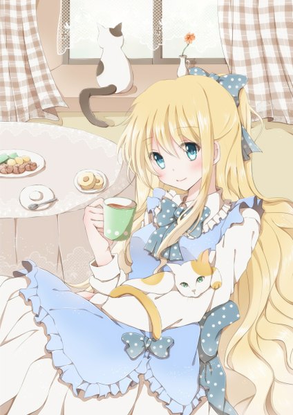 Anime picture 868x1228 with original hiro (hirohiro31) single long hair tall image looking at viewer blue eyes blonde hair light smile girl flower (flowers) bow hair bow animal food window cat table tea