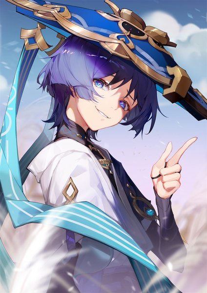 Anime picture 1800x2546 with genshin impact scaramouche (genshin impact) wanderer (genshin impact) indai (3330425) single tall image looking at viewer highres short hair smile purple eyes purple hair upper body grin boy hat vision (genshin impact) jingasa