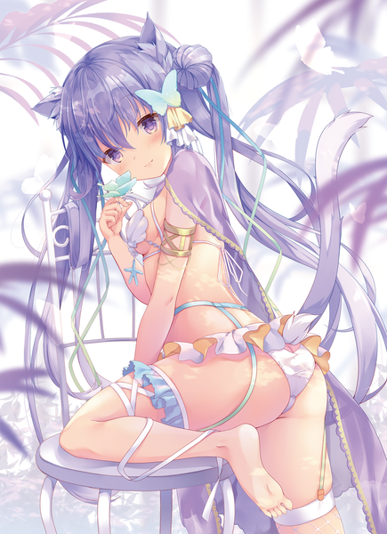 Anime picture 1000x1379 with original kinokomushi single long hair tall image looking at viewer blush fringe breasts light erotic hair between eyes standing purple eyes twintails animal ears purple hair ass tail animal tail looking back