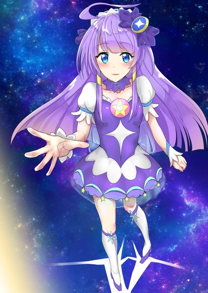 Anime picture 708x1000 with precure star twinkle precure toei animation kaguya madoka cure selene machorin single long hair tall image looking at viewer blush fringe blue eyes purple hair full body blunt bangs short sleeves puffy sleeves outstretched hand space