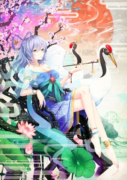 Anime picture 990x1400 with touhou kaku seiga cloudy.r single long hair tall image blue eyes blue hair crossed legs cherry blossoms girl dress flower (flowers) plant (plants) animal petals tree (trees) bird (birds) shawl pipe