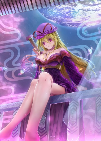 Anime picture 1920x2700 with touhou yakumo yukari xuanlin jingshuang single long hair tall image looking at viewer highres breasts light erotic blonde hair sitting purple eyes crossed legs girl dress pendant insect butterfly bonnet