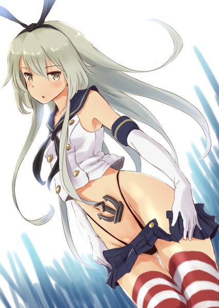 Anime picture 868x1223 with kantai collection shimakaze destroyer wa (genryusui) single long hair tall image looking at viewer blush light erotic blonde hair brown eyes open clothes undressing skirt pull open skirt girl thighhighs skirt gloves hair ornament