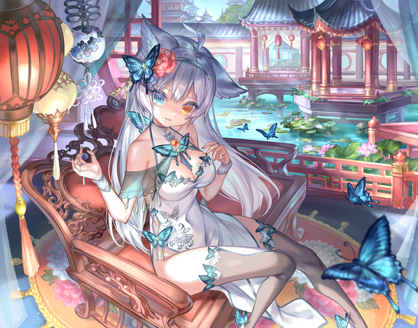 Anime picture 2000x1571 with original caperata (towahuyu) single long hair looking at viewer fringe highres breasts blue eyes light erotic large breasts sitting bare shoulders animal ears payot cleavage silver hair ahoge bent knee (knees) traditional clothes