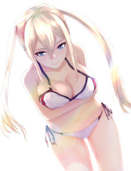 Anime picture 1200x1564 with kantai collection graf zeppelin (kantai collection) infinote single long hair tall image looking at viewer blush fringe breasts blue eyes light erotic simple background blonde hair smile hair between eyes large breasts standing white background twintails