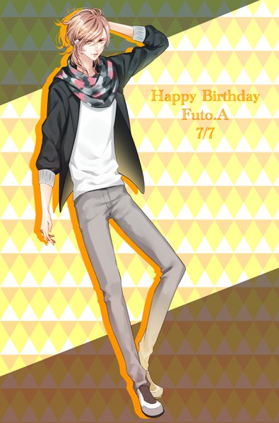 Anime picture 1700x2583 with brothers conflict idea factory asahina futo artwele single tall image looking at viewer fringe short hair brown hair brown eyes full body parted lips hair over one eye arm behind head happy birthday rhombus boy scarf