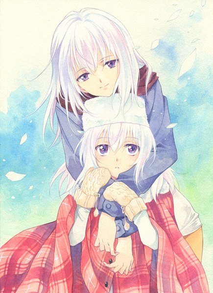 Anime picture 600x826 with dies irae himuro rea agahari long hair tall image looking at viewer fringe hair between eyes purple eyes multiple girls white hair wind hug dual persona traditional media hug from behind watercolor (medium) girl 2 girls petals