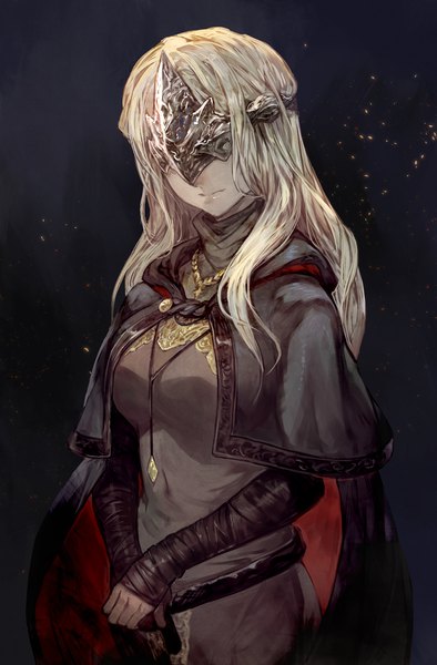 Anime picture 986x1500 with dark souls (series) dark souls dark souls 3 from software fire keeper lack single long hair tall image blonde hair upper body dark background hands clasped blindfold girl cloak sparks