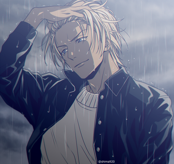 Anime picture 900x850 with detective conan amuro tooru mashima shima single short hair blue eyes blonde hair signed looking away sky cloud (clouds) upper body head tilt light smile wet adjusting hair rain hand on head unbuttoned boy