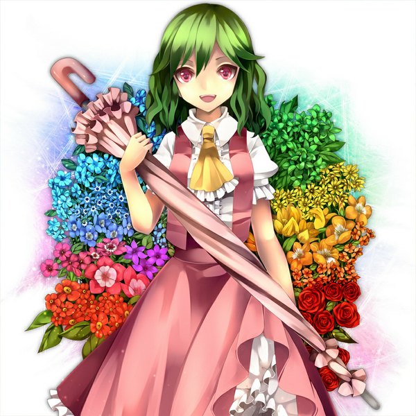 Anime picture 1024x1024 with touhou kazami yuuka ringpearl (artist) single short hair open mouth pink eyes green hair closed umbrella girl dress flower (flowers) umbrella