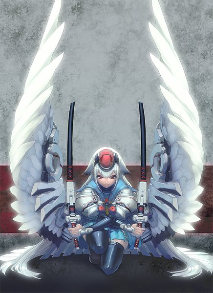 Anime picture 727x1000 with original aro (charged time out) tall image red eyes white hair very long hair kneeling girl thighhighs skirt weapon miniskirt wings serafuku armor mask