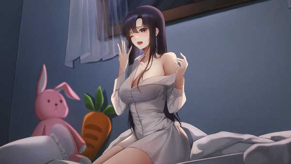 Anime picture 5760x3240 with original ame 816 single long hair looking at viewer blush fringe highres breasts open mouth blue eyes light erotic black hair hair between eyes wide image large breasts sitting absurdres indoors one eye closed