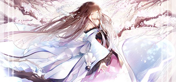 Anime picture 2400x1122 with original bai qi-qsr single long hair fringe highres brown hair wide image standing bare shoulders blunt bangs eyes closed wide sleeves floating hair cherry blossoms girl branch
