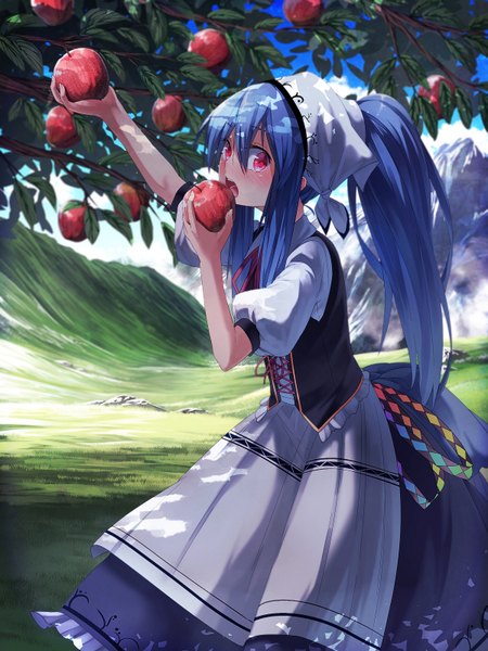 Anime picture 1200x1600 with touhou hinanawi tenshi ibuki notsu single long hair tall image looking at viewer blush red eyes blue hair ponytail mountain meadow girl hair ornament plant (plants) tree (trees) fruit apple