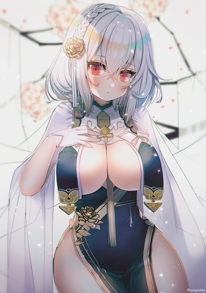 Anime picture 1053x1500 with azur lane sirius (azur lane) sirius (azure horizons) (azur lane) hanato (seonoaiko) single tall image looking at viewer blush fringe short hair breasts light erotic hair between eyes red eyes large breasts signed silver hair braid (braids) twitter username hand on chest