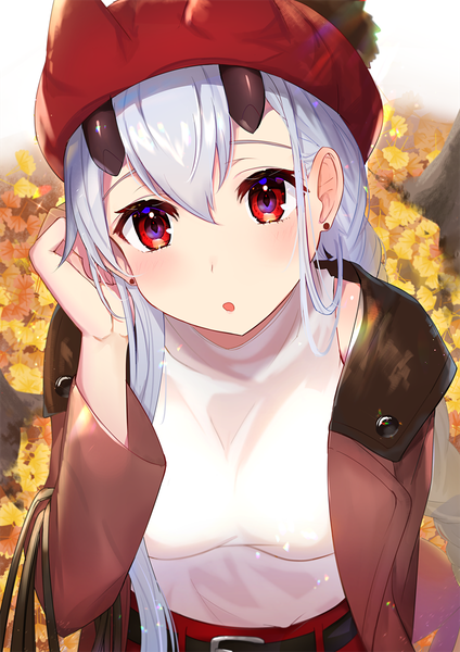 Anime picture 848x1200 with fate (series) fate/grand order tomoe gozen (fate) omelet tomato single long hair tall image looking at viewer blush fringe breasts open mouth hair between eyes red eyes standing silver hair horn (horns) from above open clothes :o