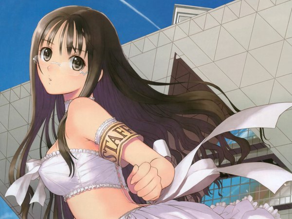 Anime picture 1600x1200 with comic party tony taka single long hair looking at viewer blush fringe brown hair bare shoulders brown eyes sky looking back wind girl ribbon (ribbons) glasses armband