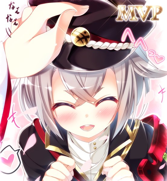 Anime picture 1107x1200 with touken ranbu nitroplus hotarumaru ojitcha tall image blush short hair open mouth smile silver hair eyes closed from above ^ ^ hand on another's head military headpat boy uniform hat heart