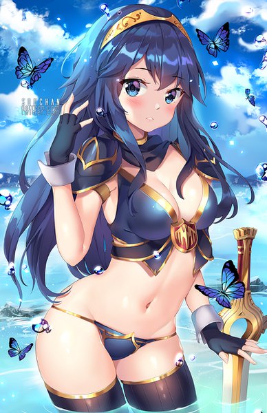 Anime picture 809x1250 with fire emblem fire emblem awakening nintendo lucina (fire emblem) squchan single long hair tall image looking at viewer blush fringe breasts blue eyes light erotic hair between eyes standing signed blue hair sky cleavage