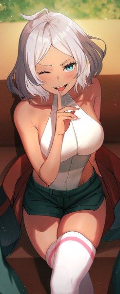 Anime picture 1180x2877 with mobile suit gundam gundam suisei no majo sunrise (studio) secelia dote dolce (dolsuke) single tall image looking at viewer short hair breasts open mouth light erotic sitting bare shoulders silver hair ahoge indoors one eye closed aqua eyes from above