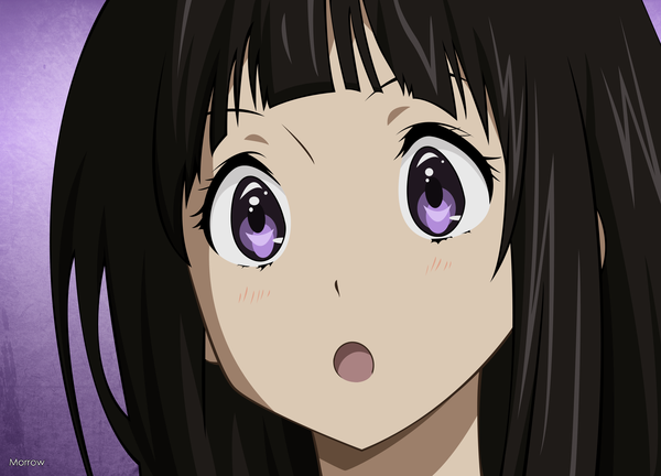 Anime picture 2200x1586 with hyouka kyoto animation chitanda eru morrow single long hair looking at viewer blush fringe highres open mouth black hair purple eyes blunt bangs :o surprised girl