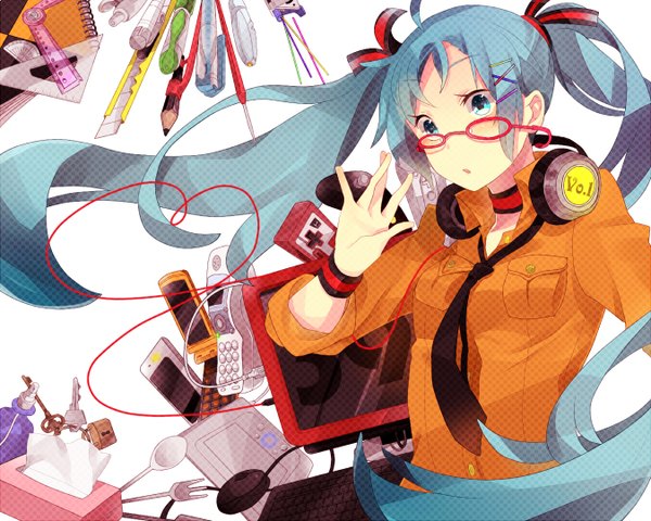 Anime picture 1350x1080 with vocaloid hatsune miku extpil long hair twintails green eyes blue hair headphones around neck girl hair ornament choker glasses necktie headphones bobby pin x hair ornament knife wire (wires) wristlet phone